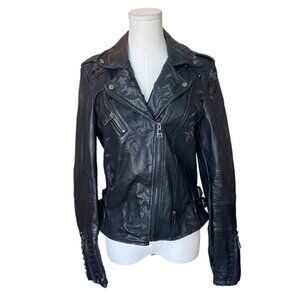 Vigoss Womens Black Faux Leather Studded Embroidered Jacket Size M Biker Moto